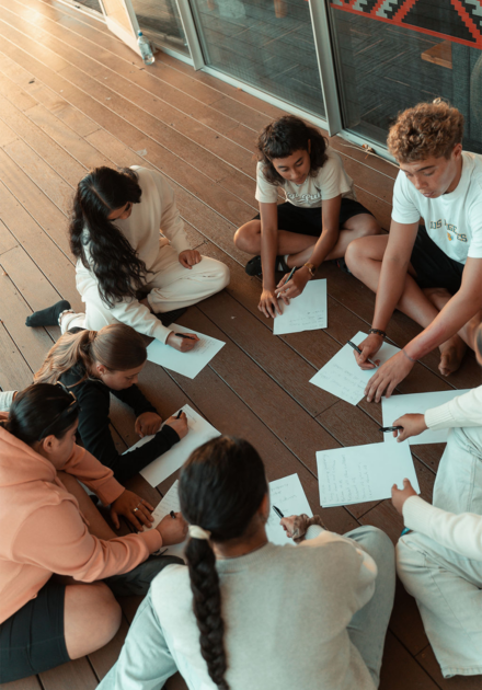 Tamariki sitting in a circle writing on paper